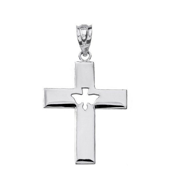 14K Solid Gold Religious Cross Cut-Out Holy Spirit Dove Pendant -